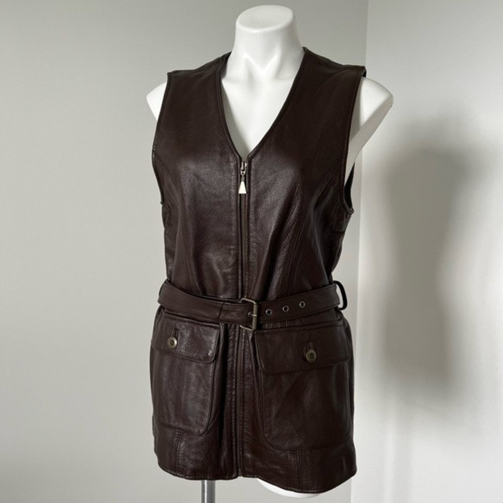 Otello Pelle Long Brown Leather Riding Vest Safari S